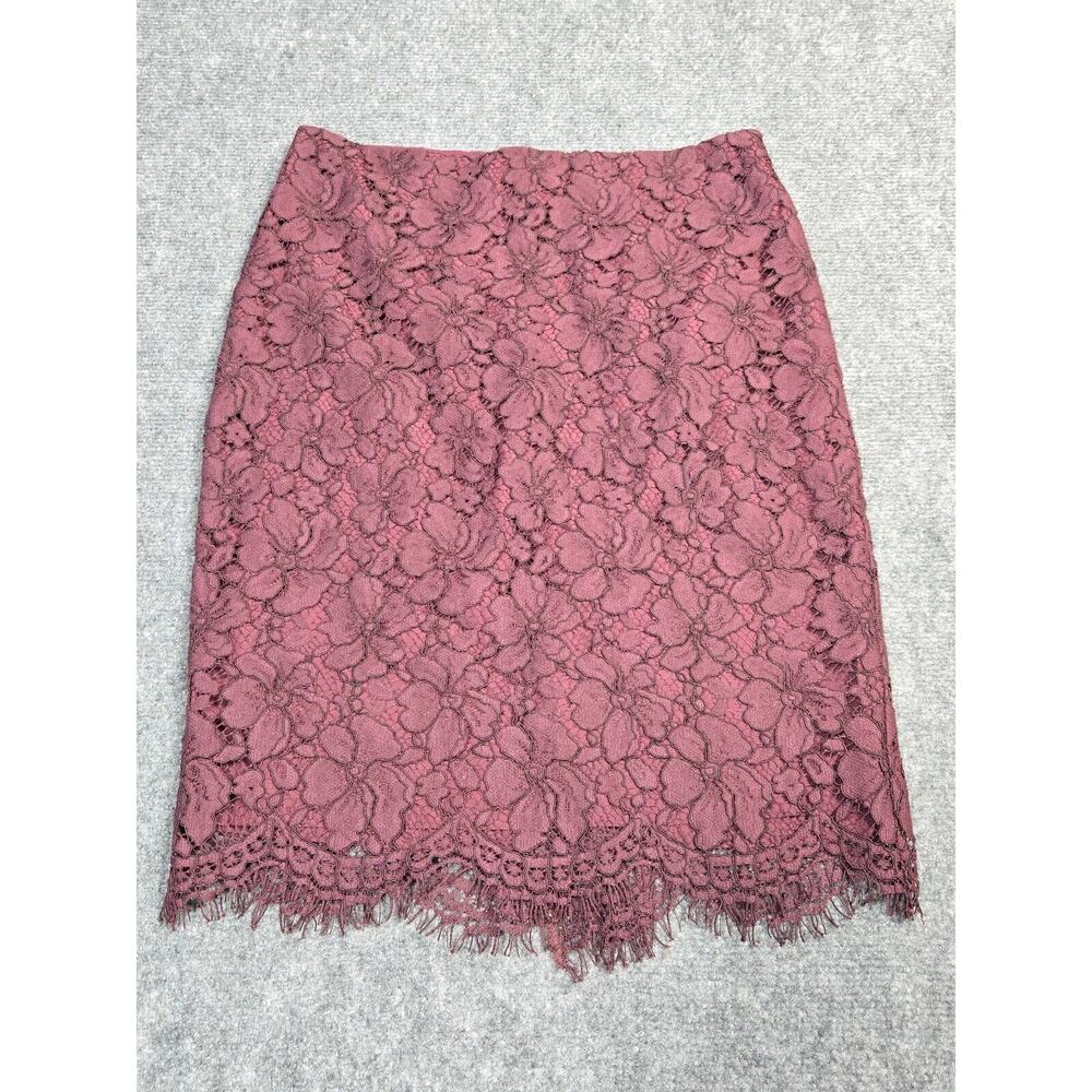 Ann Taylor Factory Straight Pencil Skirt Wine Lace Overlay Size 0 Zip Back - Picture 1 of 9